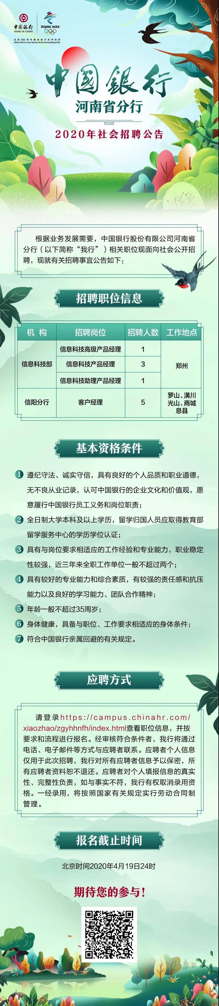 2020年中国银行河南分行社会招聘公告