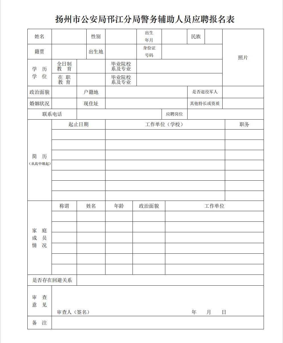 扬州市公安局邗江分局警务辅助人员应聘报名表